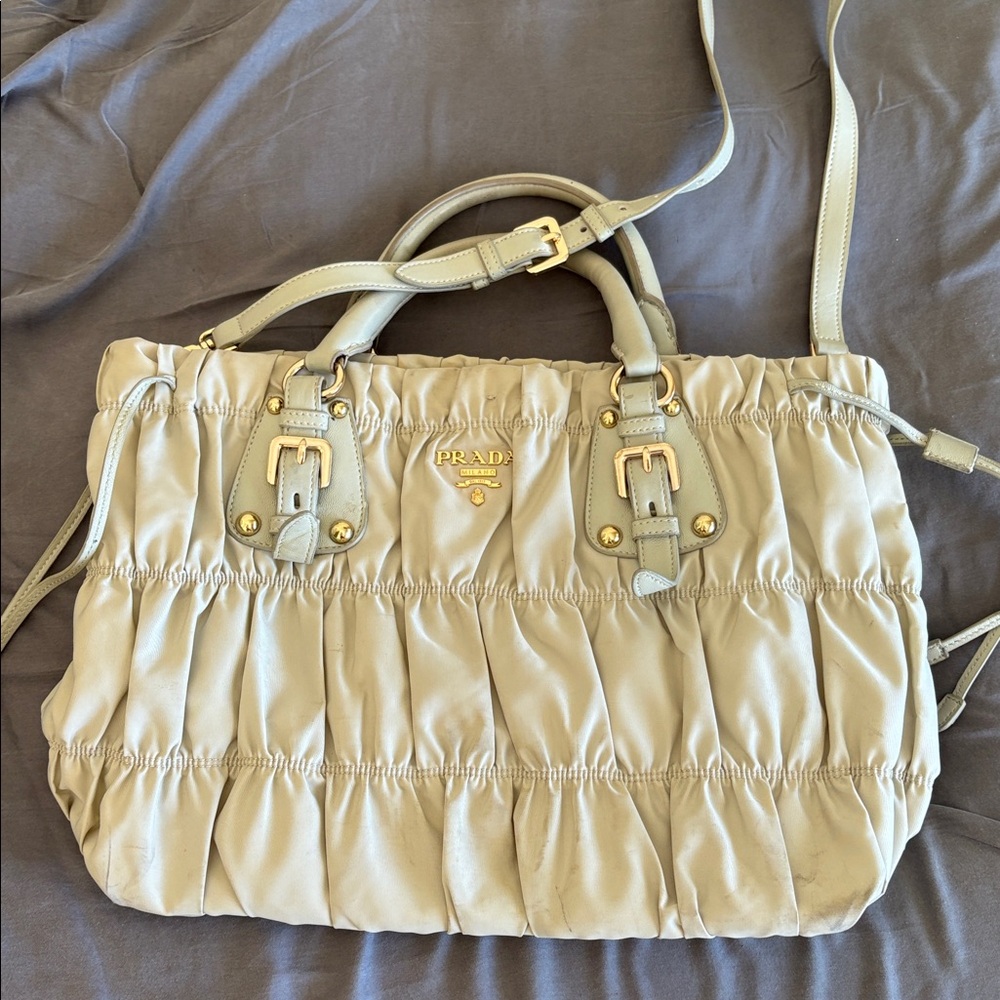Prada Nylon Ruche Logo Plaque with Gold Hardware/ Beige
